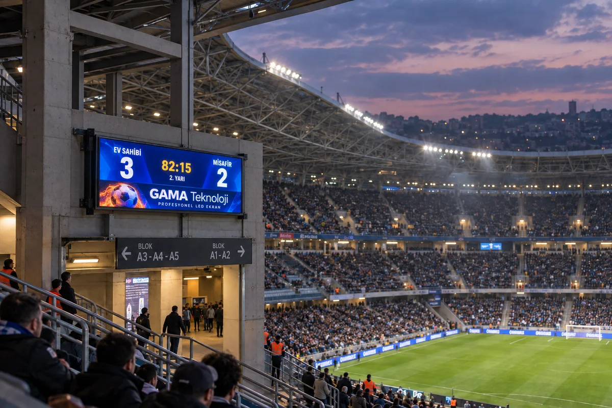 GAMA Teknoloji P4 RGB futbol skorbordunun stadyumda temsili yerleşimi
