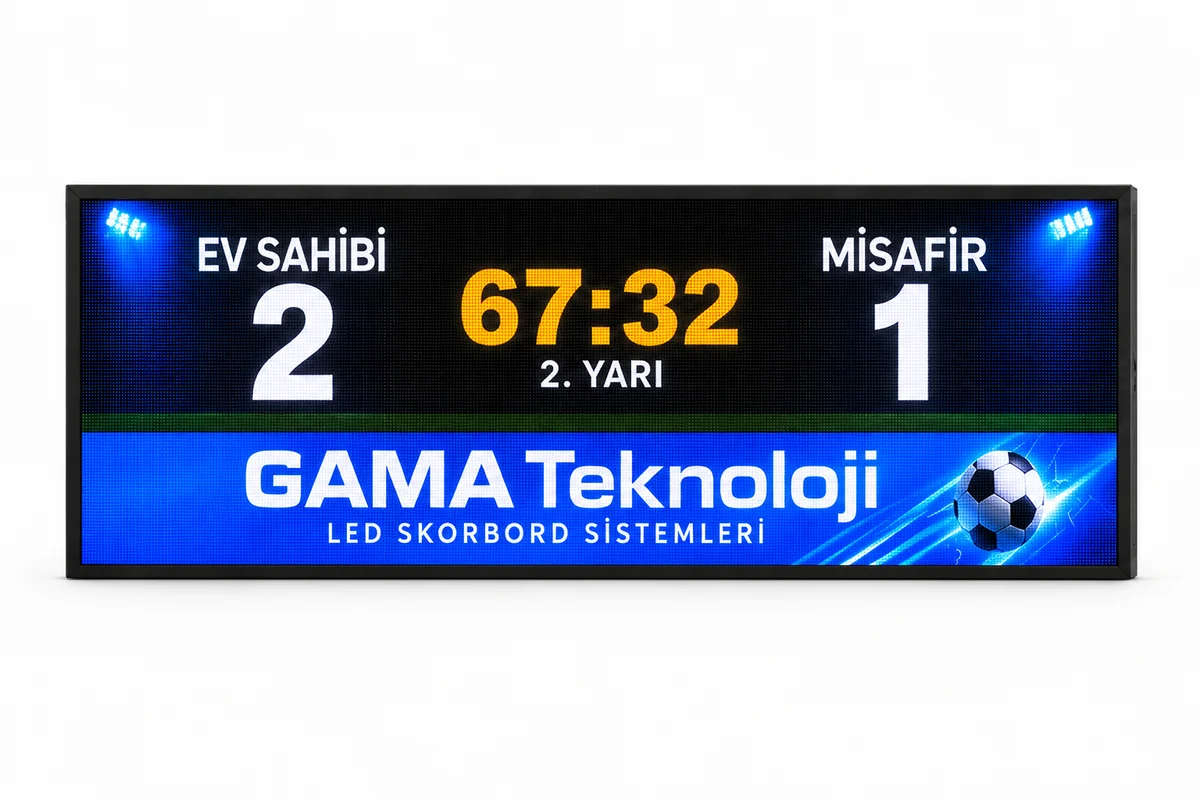 GAMA Teknoloji 384×144 cm P4 RGB LED futbol stadyum skorbordu; skor, maç süresi ve reklam gösterimi