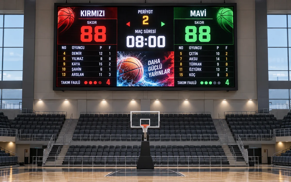Basketbol salonunda GAMA Teknoloji tam renkli LED ekran skorbord; skor, süre, oyuncu bilgileri ve reklam gösterimi.