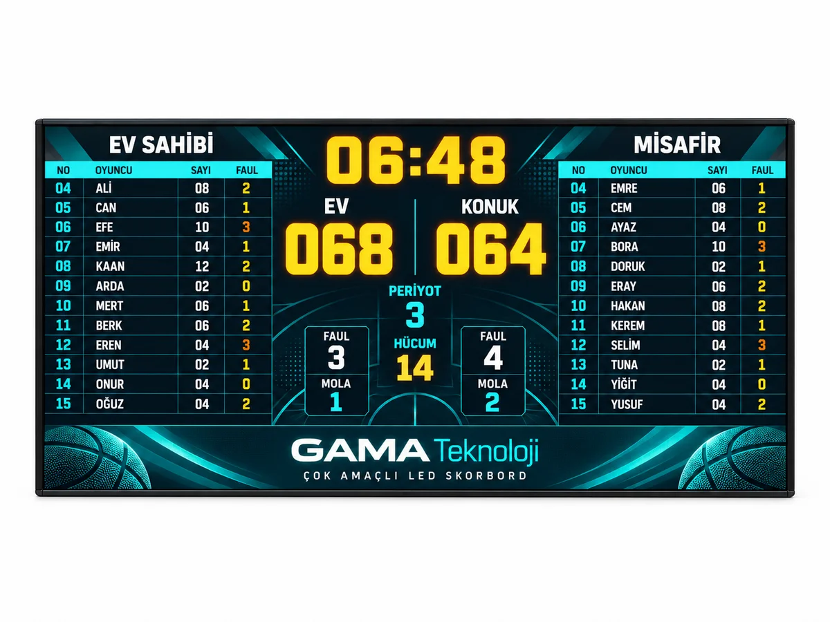 GAMA Teknoloji 384×192 cm P3 RGB basketbol skorbordu; oyuncu isimleri, bireysel sayı ve faul göstergeleri