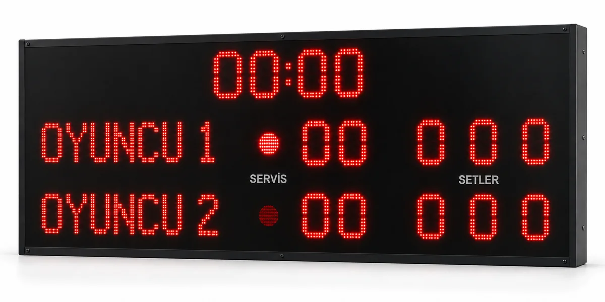 GAMA Teknoloji GMT-2X1 profesyonel tenis skorbordu, 200×100 cm kırmızı P10 LED pano
