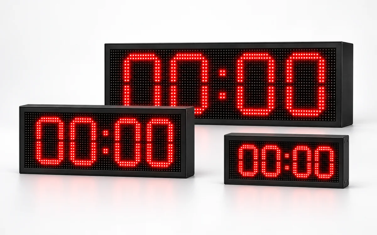 GAMA Teknoloji LED saat sistemleri; 96×32, 64×32 ve 32×16 cm kırmızı LED dijital saat modelleri.