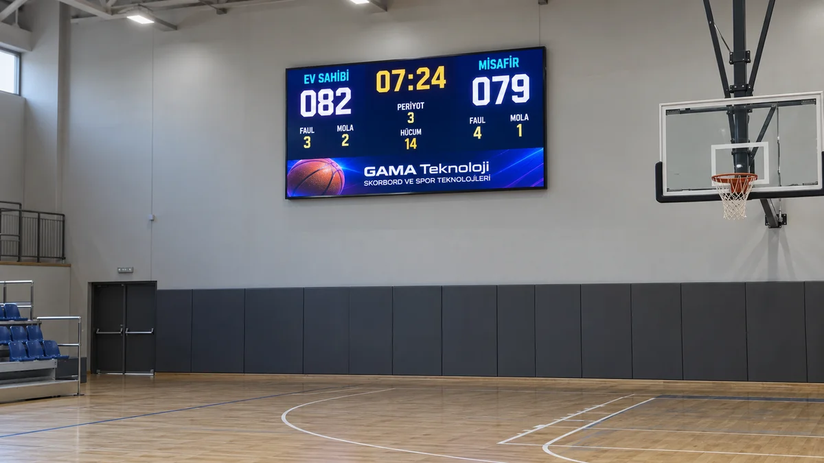 Basketbol salonunda duvara monteli GAMA Teknoloji LED ekran çok amaçlı skorbord; P4 RGB ekranda skor ve reklam gösterimi