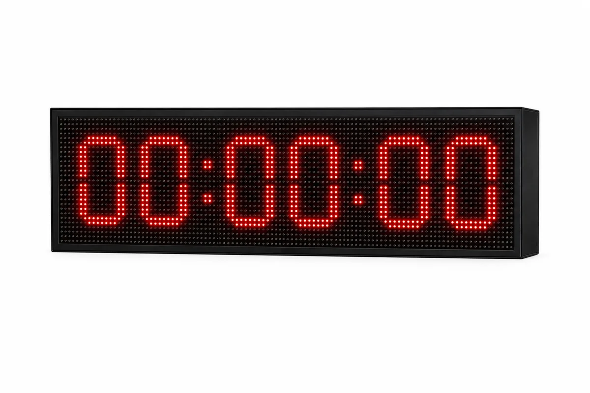 GAMA Teknoloji 96×32 cm dış mekân dijital LED saat; kırmızı LED 00:00 ve 00:00:00 gösterim seçenekleri. 2