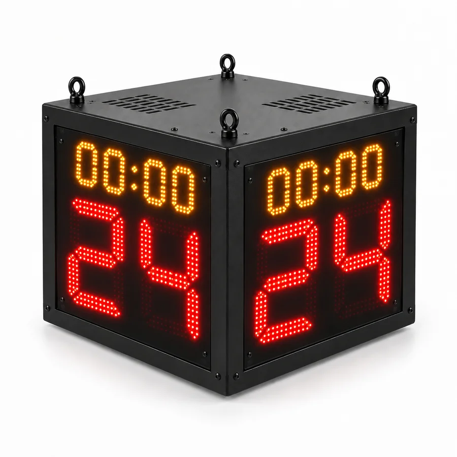 GAMA Teknoloji küp tipi 24 saniye ve oyun saati; 48×48 cm siyah kasada sarı 00:00 ve kırmızı 24 LED göstergeleri.