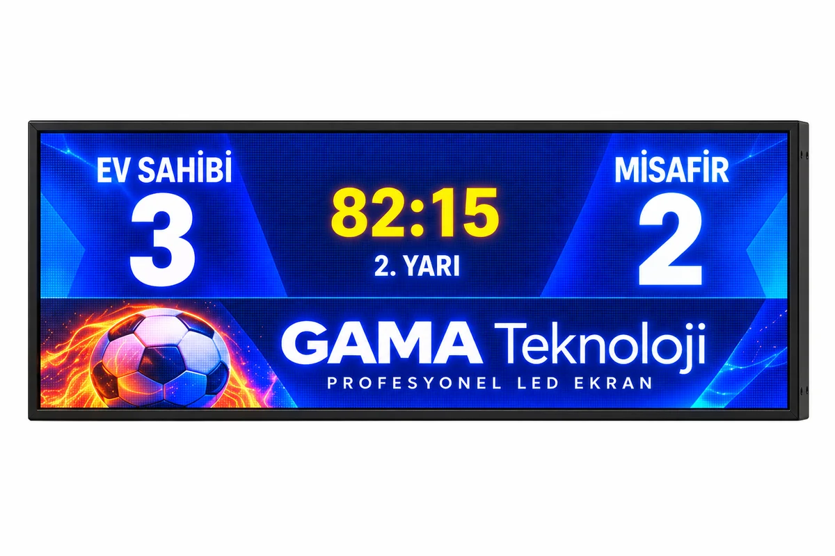 GAMA Teknoloji 480×192 cm P4 RGB LED futbol stadyum skorbordu; skor, maç süresi ve sponsor reklamı gösterimi