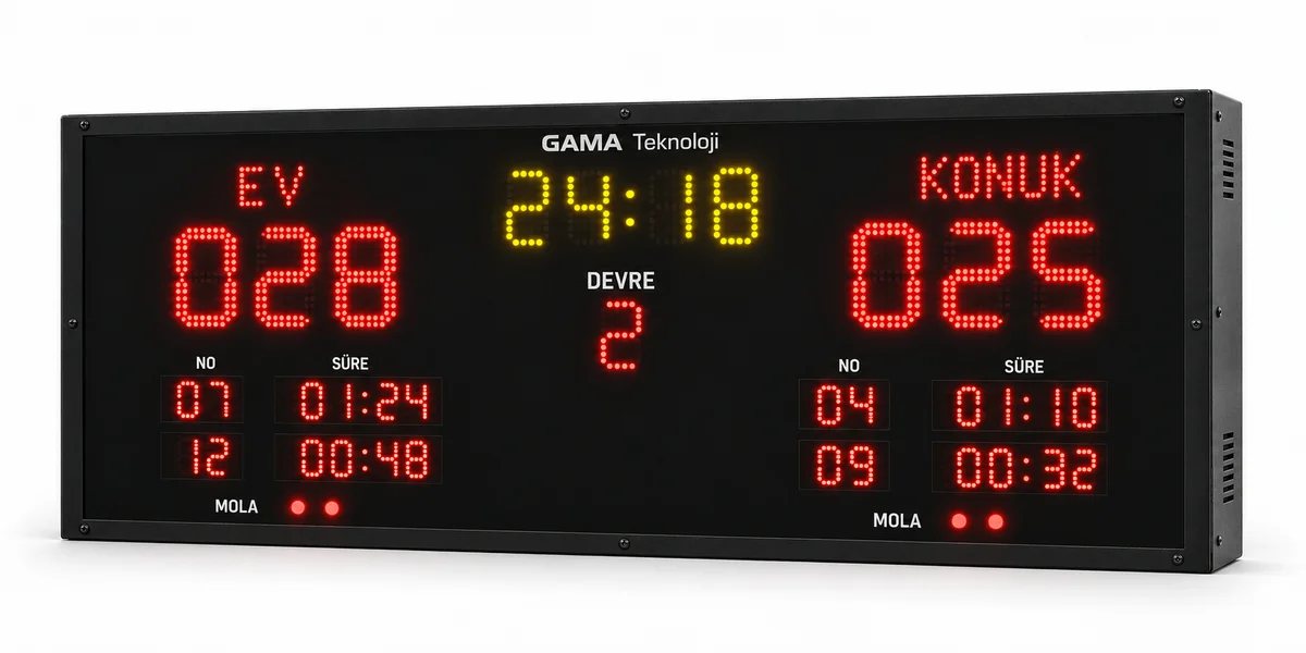 GAMA Teknoloji 200×100 cm ceza süreli hentbol skorbordu; üç haneli skor ve oyuncu numaralı ceza göstergeleri