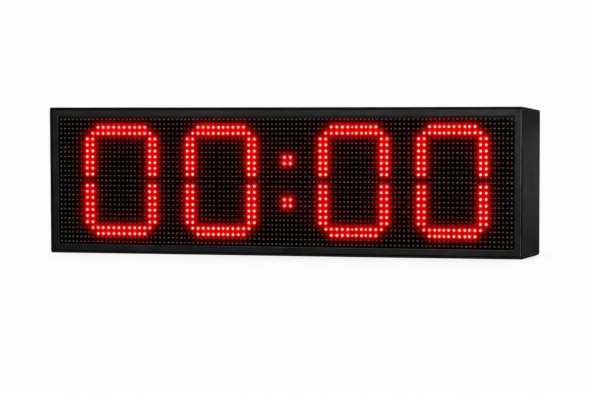 GAMA Teknoloji 96×32 cm dış mekân dijital LED saat; kırmızı LED 00:00 ve 00:00:00 gösterim seçenekleri.