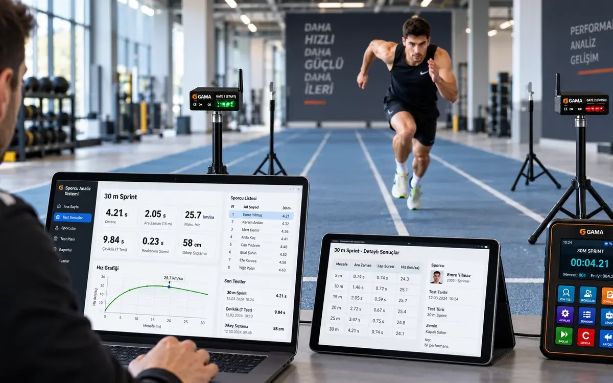 GAMA kablosuz fotosel sensörleriyle sprint, ara zaman, hız, çeviklik, reaksiyon ve sıçrama ölçümlerinin sporcu analiz yazılımında gösterimi.