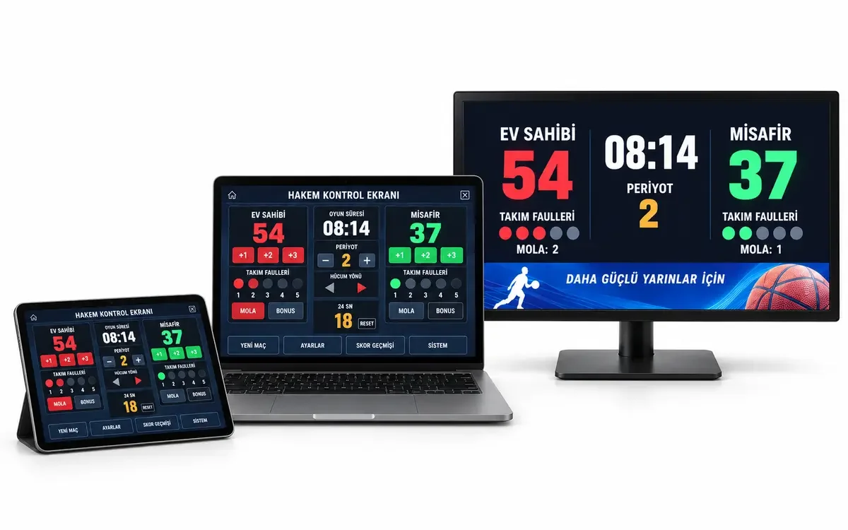 Hakem kontrol bilgisayarı ve ayrı seyirci monitöründe profesyonel skorbord yazılımı.