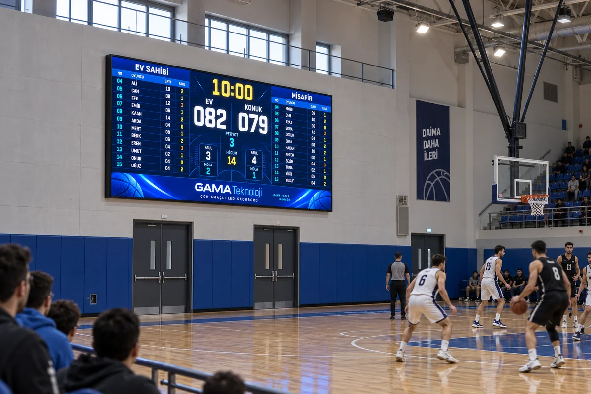 GAMA Teknoloji 480×192 cm P3 RGB basketbol skorbordu; oyuncu isimleri, bireysel sayı ve faul göstergeleri 2