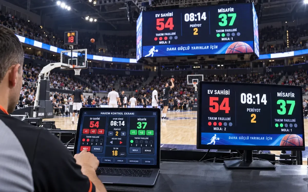 Hakem masasında kontrol edilen skorbord yazılımı, ayrı seyirci monitörü ve dev LED ekran gösterimi.