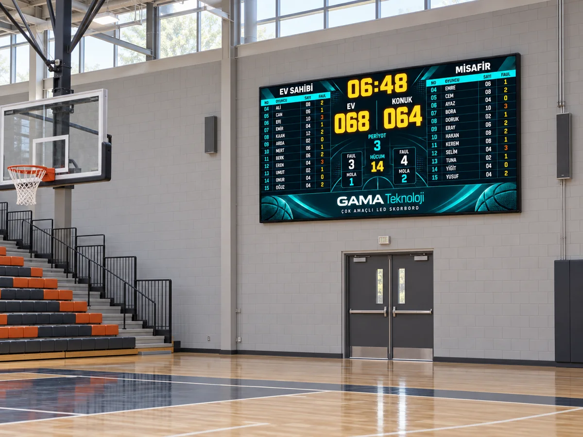 GAMA Teknoloji 384×192 cm P3 RGB basketbol skorbordu; oyuncu isimleri, bireysel sayı ve faul göstergeleri 2